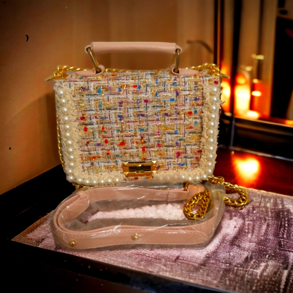 Pretty Pink Multicolored Tweed and Pearl Shoulder Bag